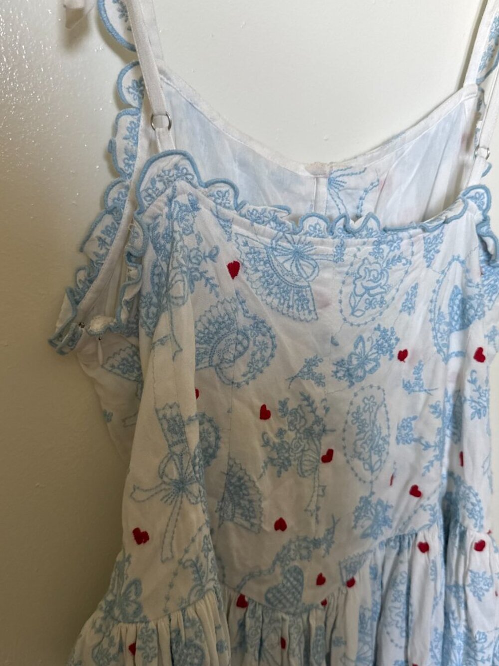 For Love & Lemons Livia White Blue Floral Embroidered Linen Blend Midi Dress L - Picture 8 of 8